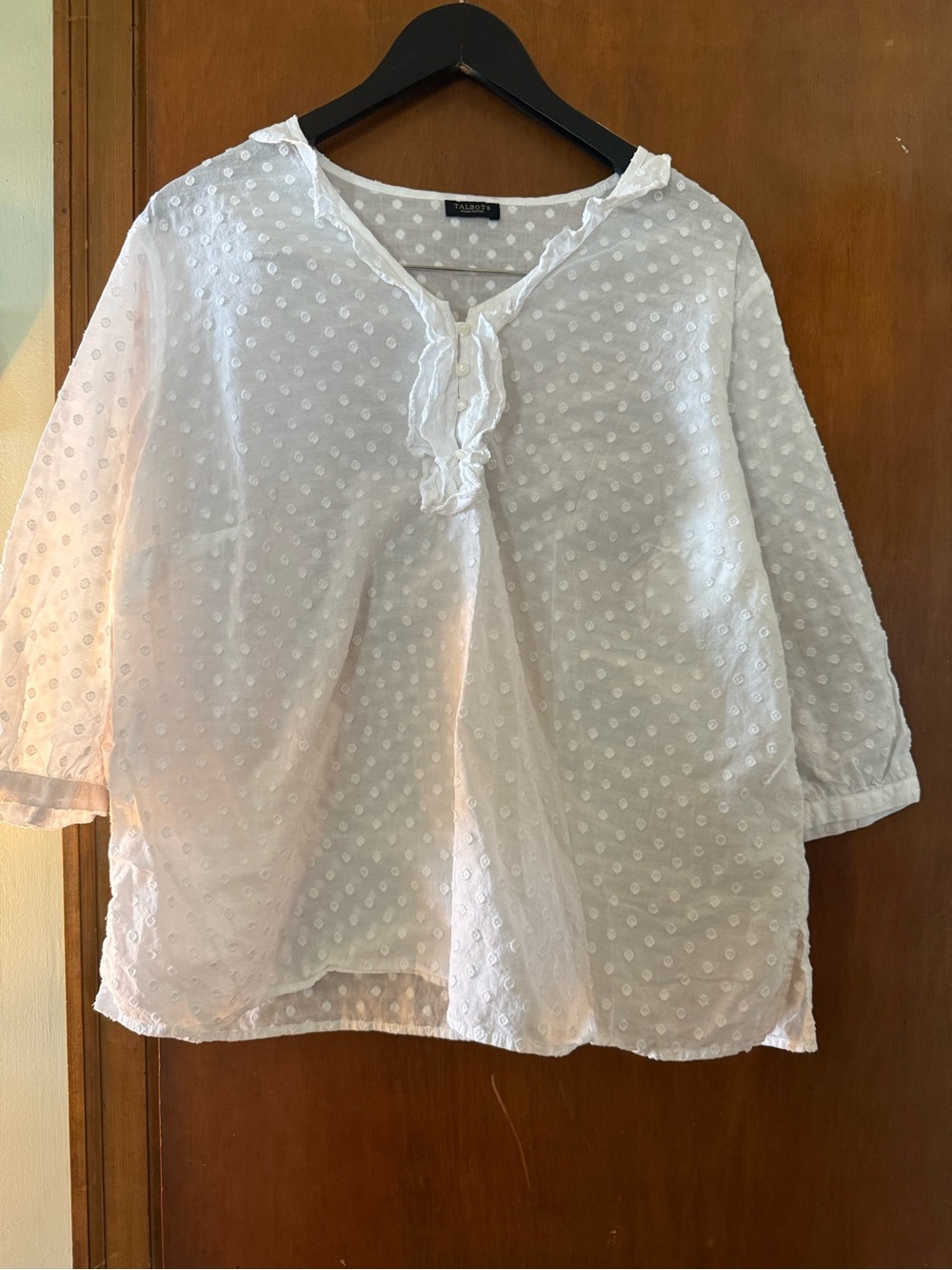Talbots White Swiss Dot Peasant Blouse 100% Cotton